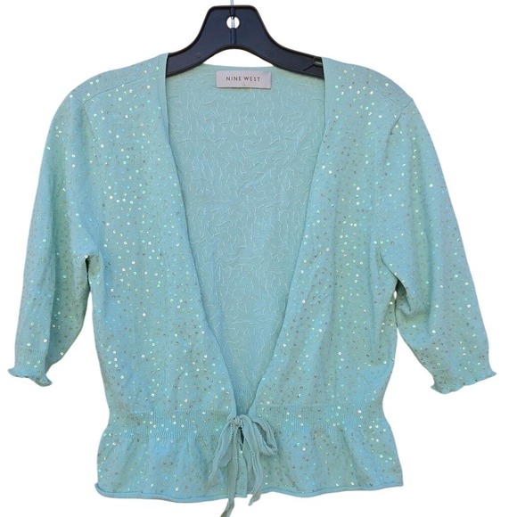 Nine West Sweaters - Vintage Cottage Core Coquette Sequin Cardigan Mint Green Peplum Fairy Garden